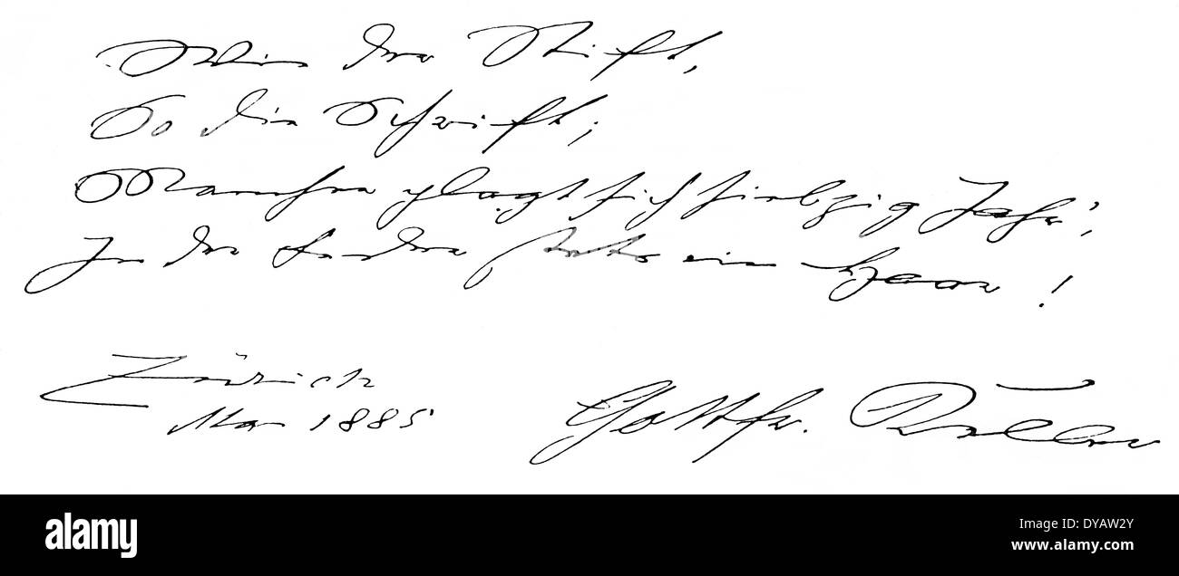 Autogramm, Gottfried Keller 1819-1890, Schweizer Dichter und Schriftsteller der deutschen Literatur, Stockfoto