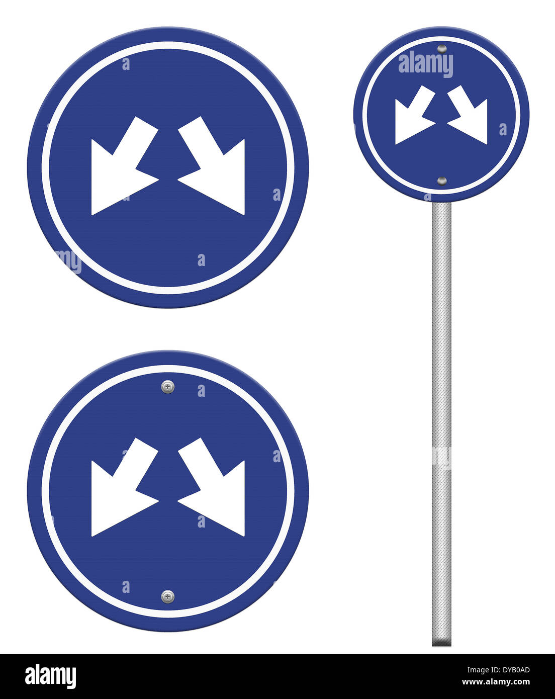 Blaues Schild mit zwei Pfeilen - zwei Richtungen auf einer blauen Straße unterzeichnen, Teil einer Serie. Stockfoto