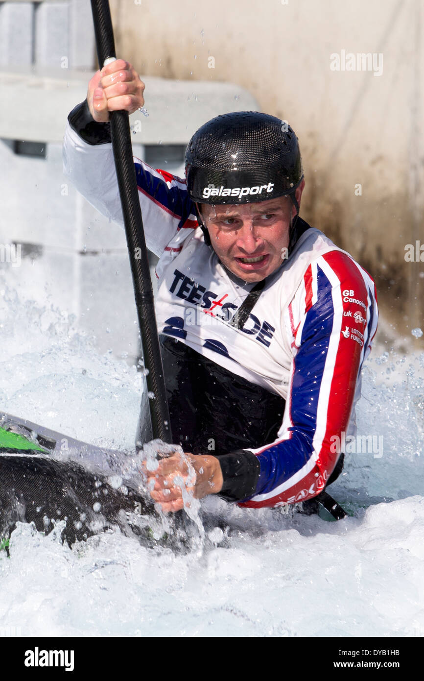 Simon JACKSON, B letzte K1 Männer GB Kanu Slalom 2014 Auswahl Studien Lee Valley White Water Centre, London, UK Stockfoto