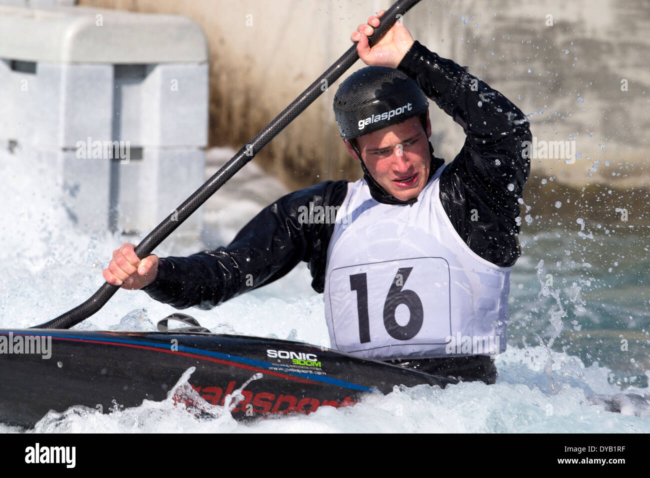 Austin BARKER, B letzte K1 Männer GB Kanu Slalom 2014 Auswahl Studien Lee Valley White Water Centre, London, UK Stockfoto