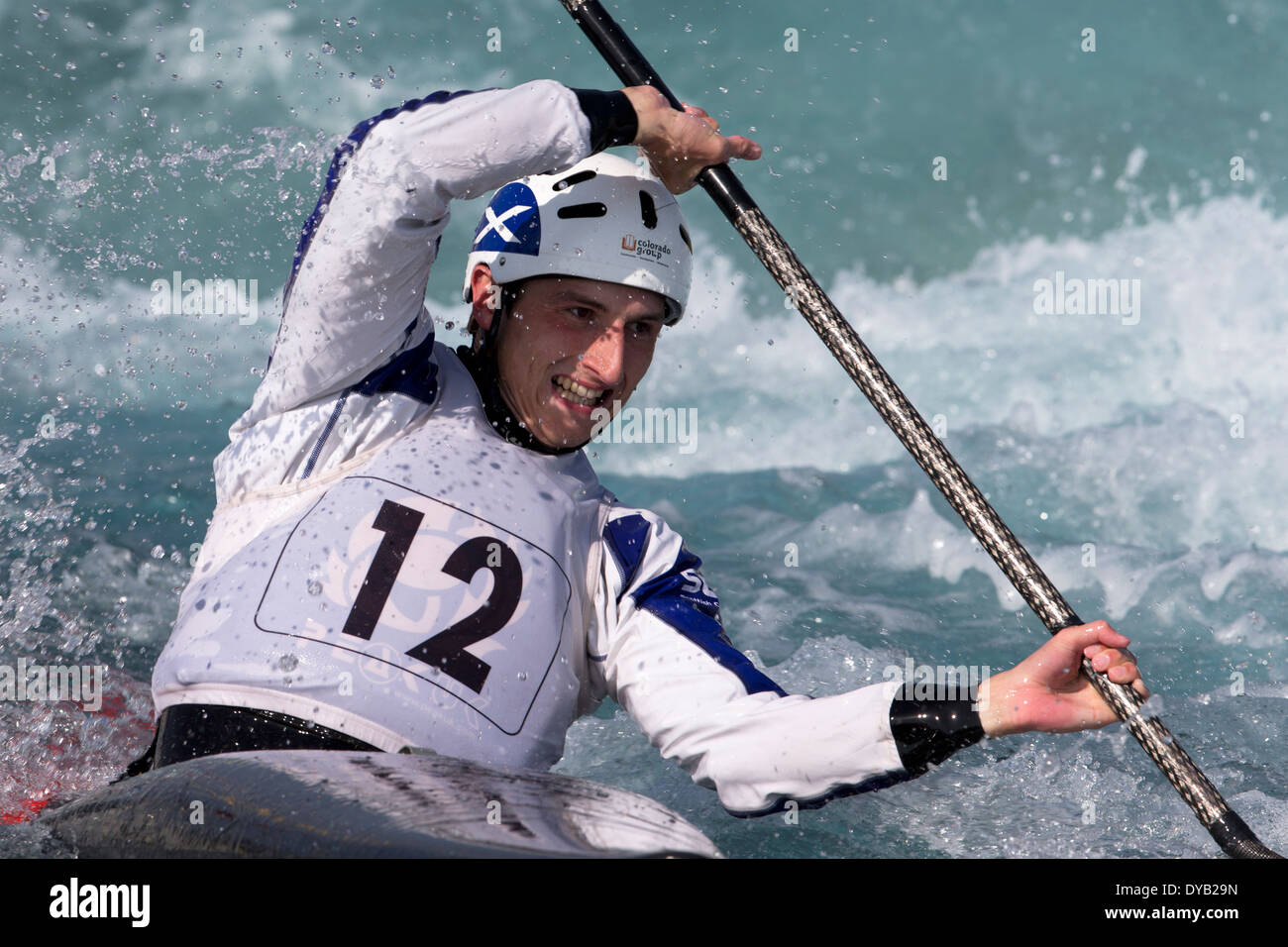Stuart GERRIE, eine endgültige K1 Männer GB Kanu Slalom 2014 Auswahl Studien Lee Valley White Water Centre, London, UK Stockfoto