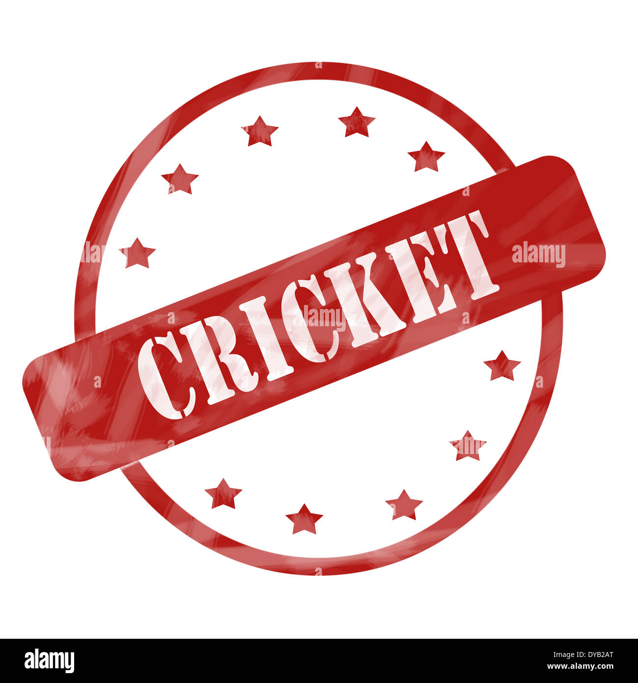 Eine roter Tinte verwitterte aufgeraut, Kreis und Sterne Design Stempel mit dem Wort CRICKET drauf machen ein tolles Konzept. Stockfoto