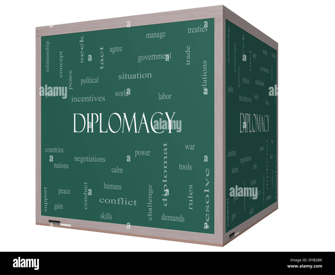 Diplomatie Word Cloud-Konzept auf ein 3D-Würfel Blackboard mit großen Begriffe wie Welt, Frieden, Verhandlungen und vieles mehr. Stockfoto
