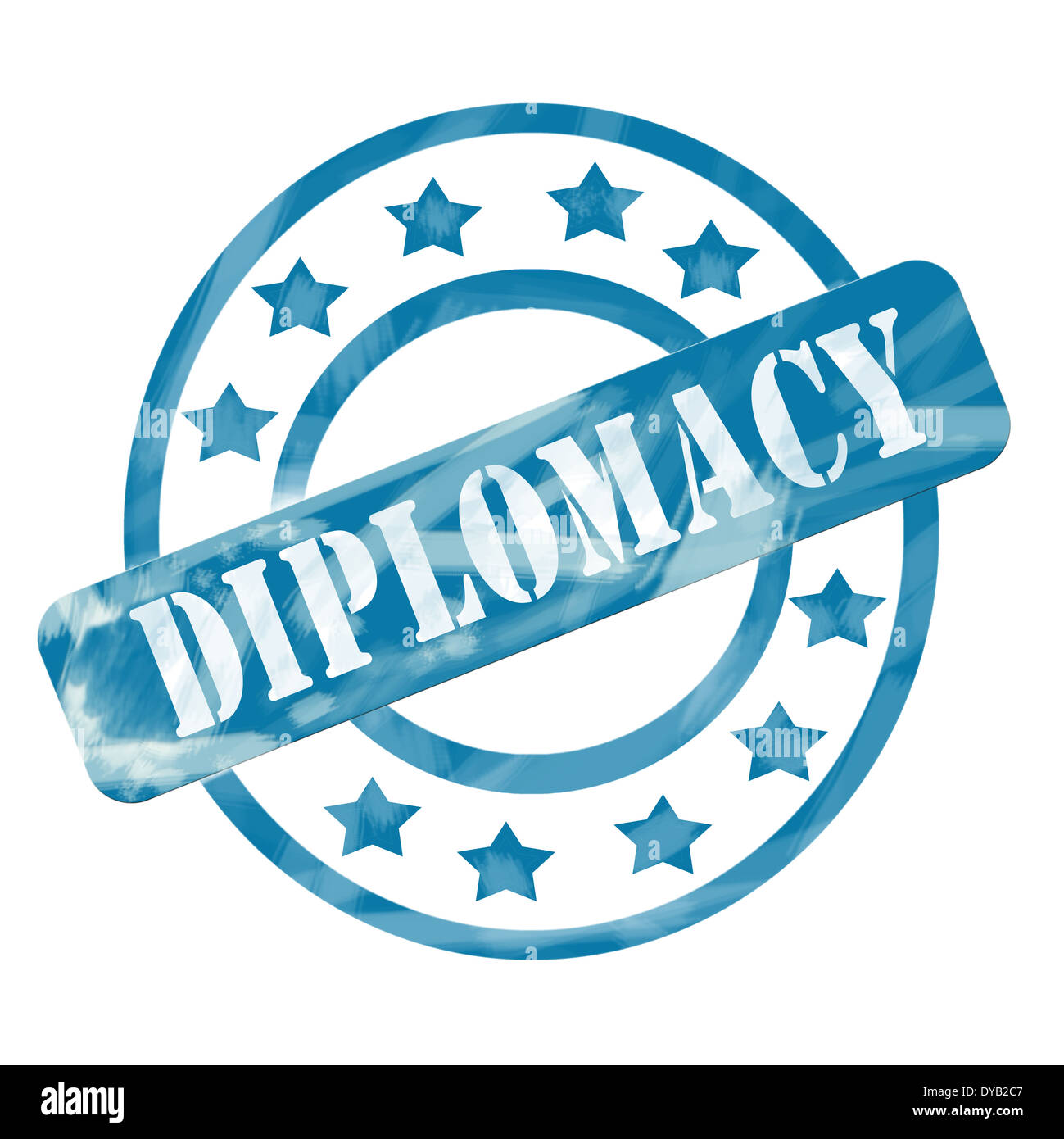 Ein blauer Tinte verwitterte aufgeraut, Kreise und Sterne Stempel Design mit dem Wort Diplomatie darauf machen ein tolles Konzept. Stockfoto