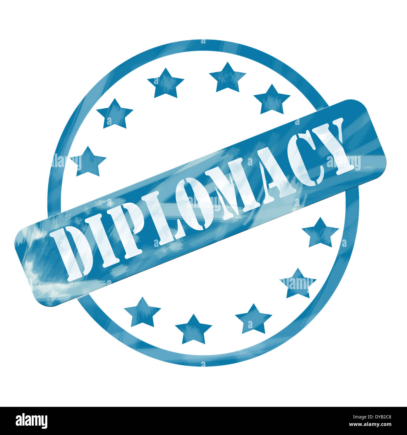 Ein blauer Tinte verwitterte aufgeraut, Kreis und Sterne Stempel Design mit dem Wort Diplomatie darauf machen ein tolles Konzept. Stockfoto