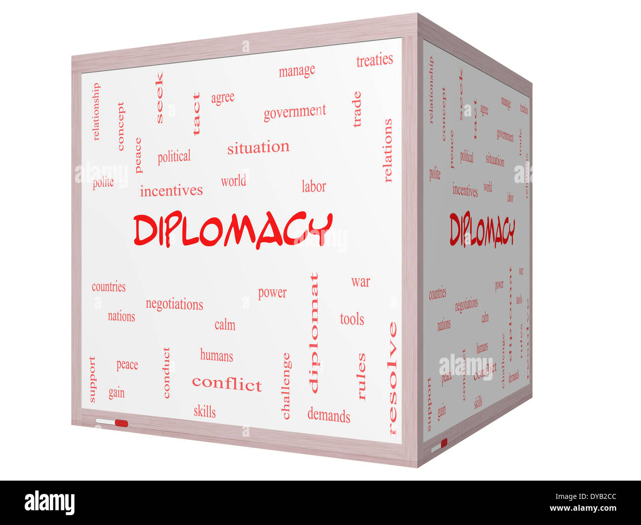 Diplomatie Word Cloud-Konzept auf ein 3D-Würfel Whiteboard mit großen Begriffe wie Welt, Frieden, Verhandlungen und vieles mehr. Stockfoto