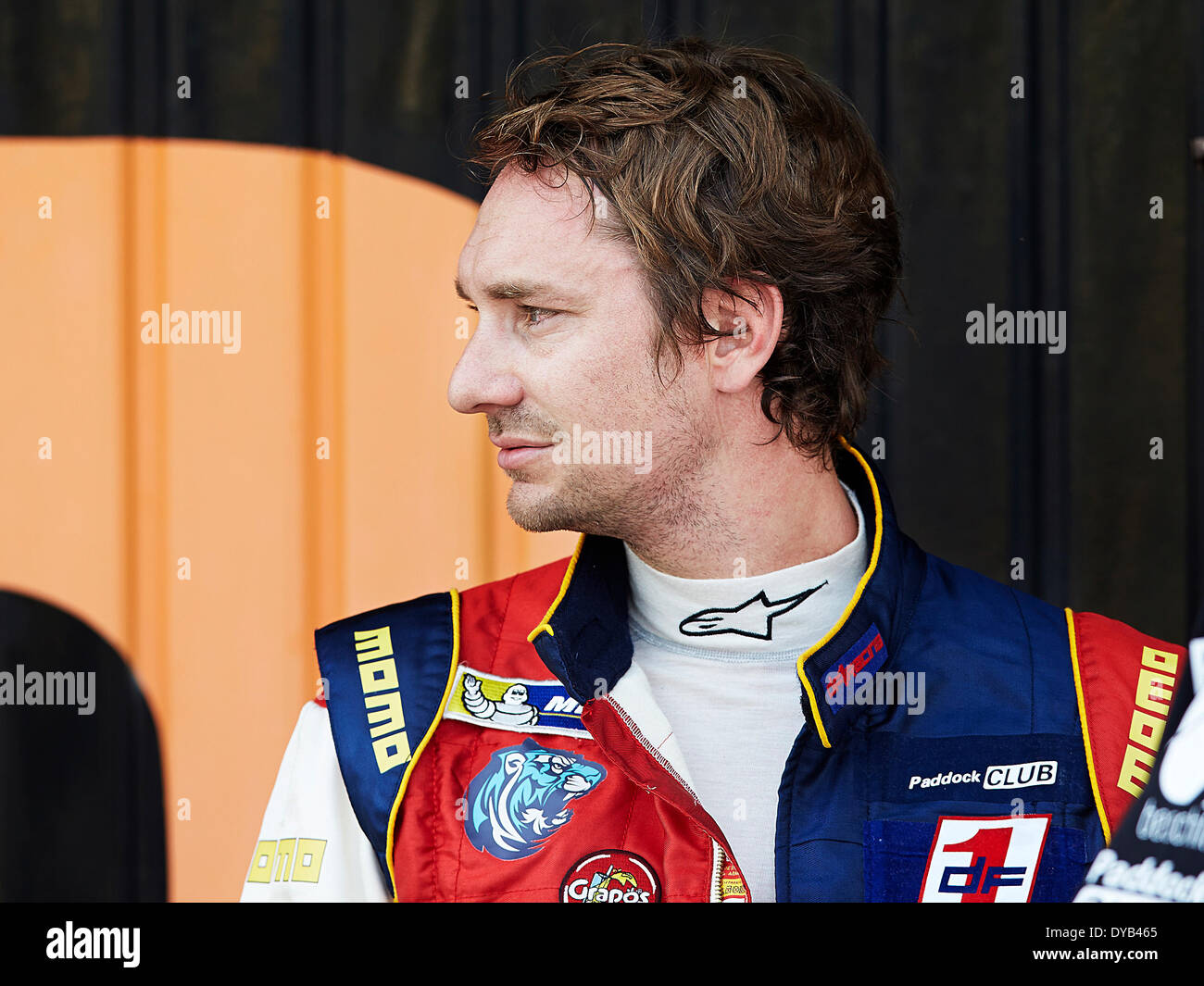 Valencia, Spanien. 12. April 2014. Mathias Lauda Österreich blickt auf während des Trainings der Baureihe Nascar Whelen Euro am Circuit De La Comunitat Valenciana, Cheste, Valencia Credit: Action Plus Sport/Alamy Live News Stockfoto