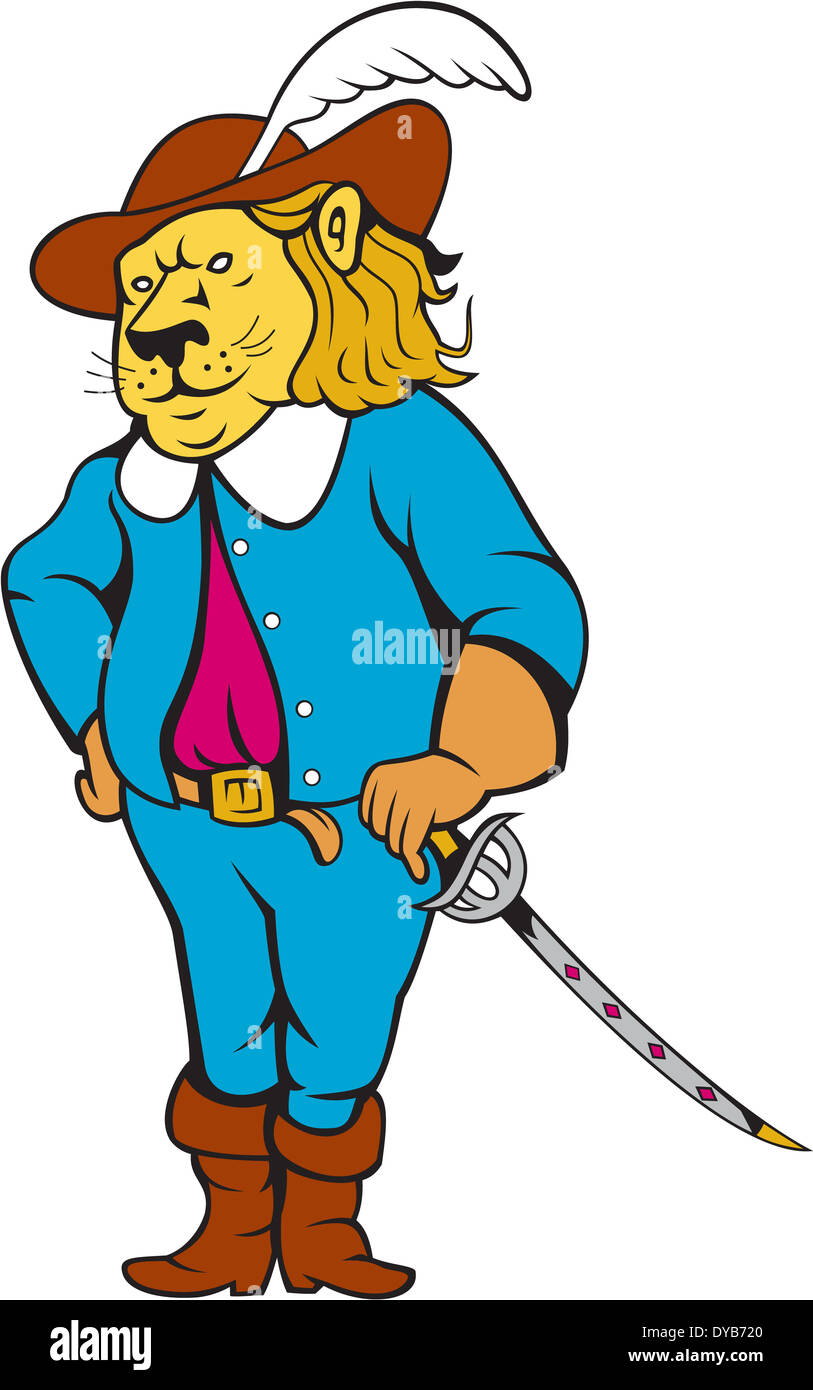 Abbildung von einem Musketier Löwen Raubkatze von vorne mit Schwert auf isolierte Hintergrund getan Cartoon-Stil betrachtet. Stockfoto