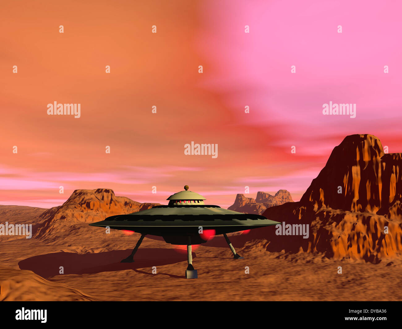 UFO-Landung auf einer Wüstenlandschaft. Stockfoto