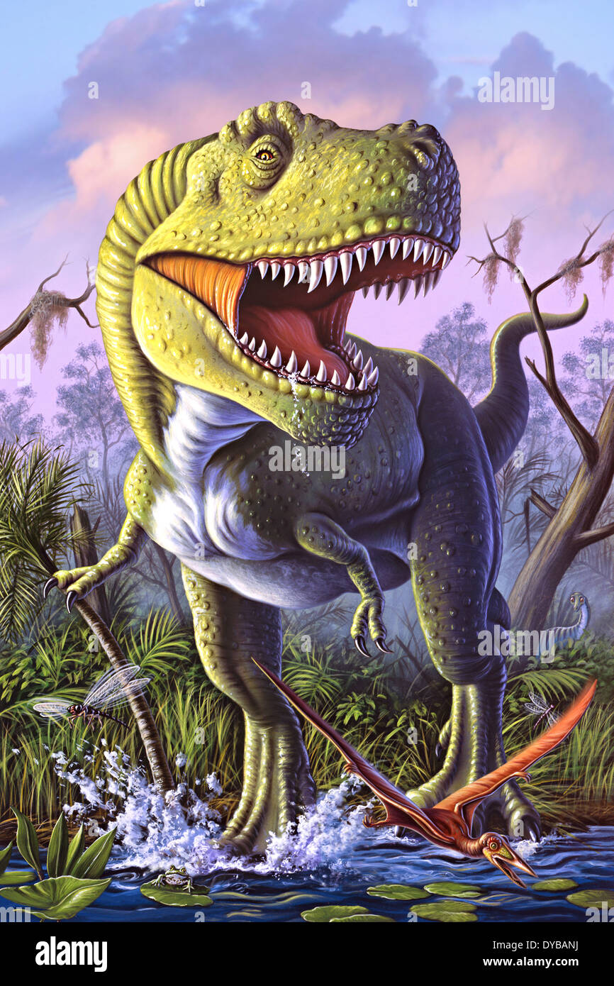 Ein Tyrannosaurus Rex stürzt durch einen Sumpf, mit einem Flugsaurier vor wegfliegen. Stockfoto