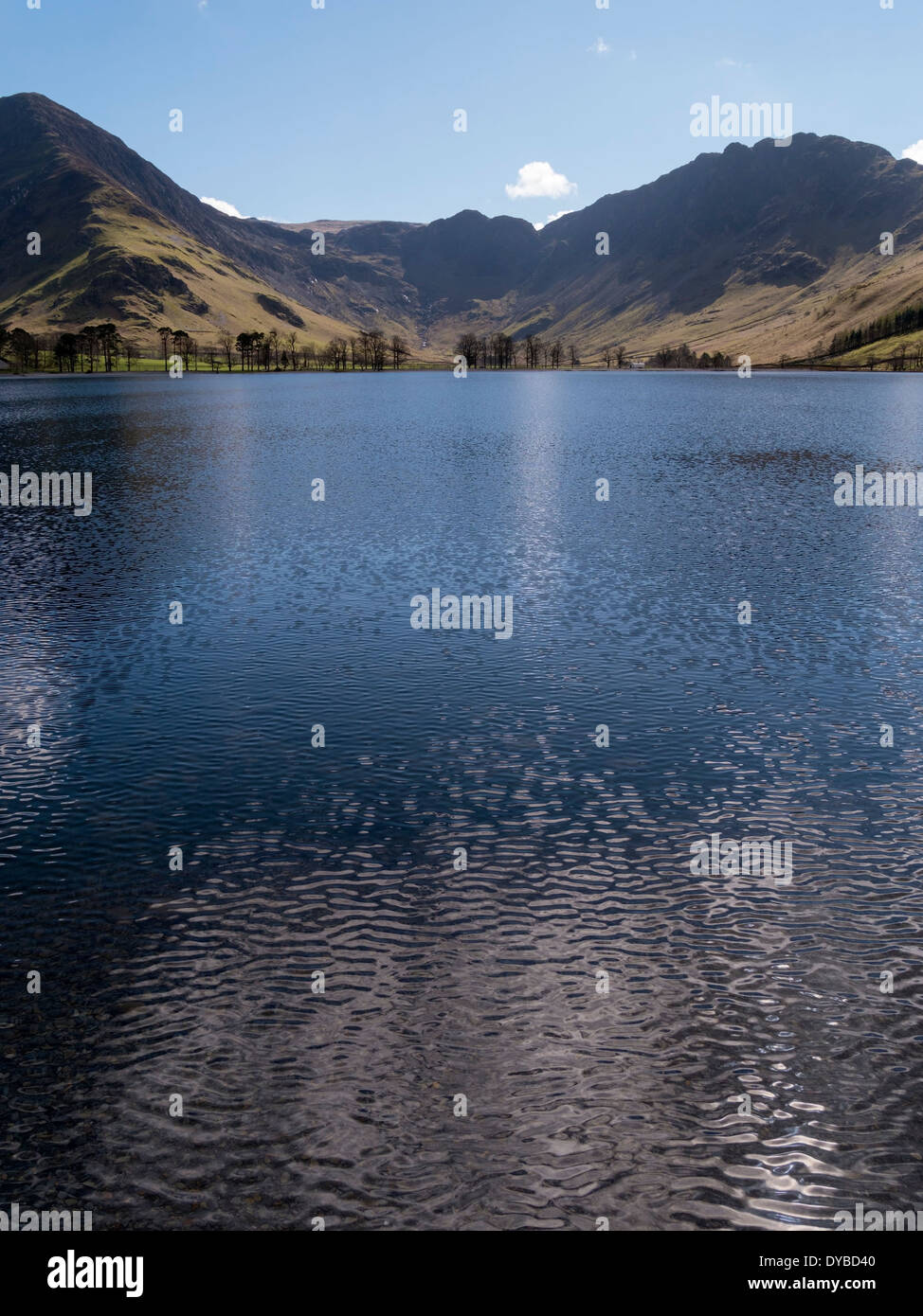 Ruhigen blauen Wasser des Lake Buttermere mit Warnscale Boden und die Berge von Fleetwith Hecht und Heuhaufen über Cumbria, UK Stockfoto