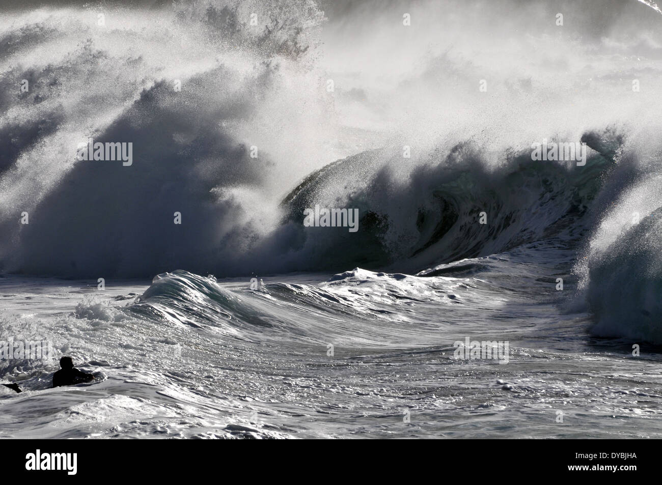 Surfer in der Mitte Riesenwellen in Waimea Bay Beach, North Shore, Oahu, Hawaii, USA Stockfoto