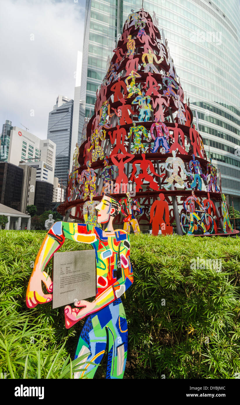 Bunte konische Stahlskulptur Dynamik, von David Gerstein in Singapurs Downtown Core genannt Stockfoto