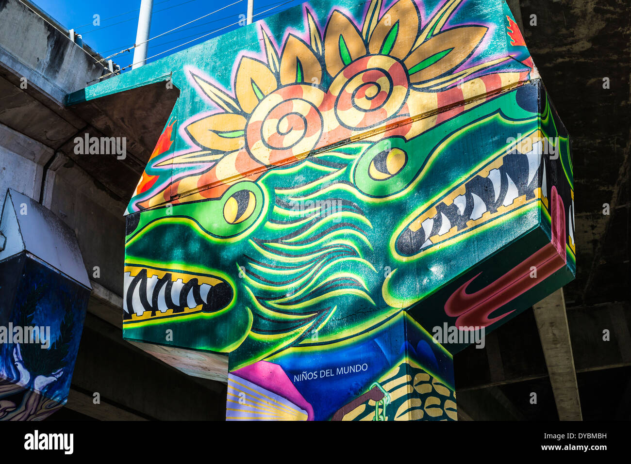 Wandbild im Chicano Park. Barrio Logan, San Diego, California, Vereinigte Staaten von Amerika. Stockfoto