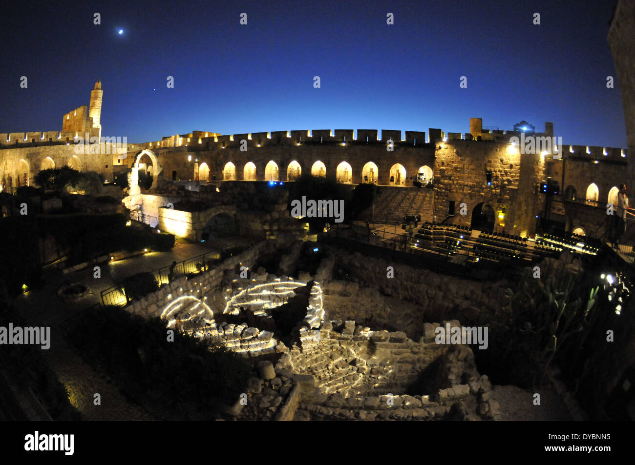 Tower of David-Museum bei Nacht, alte Stadt von Jerusalem, Israel Stockfoto