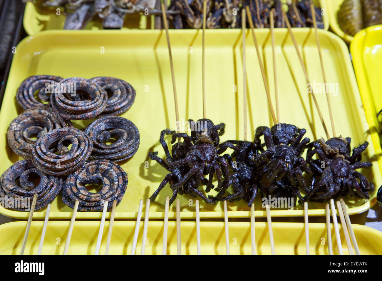 Asien Beijing CHINA chinesisches Essen Lebensmittel Markt Schlange Spinne Stockfoto