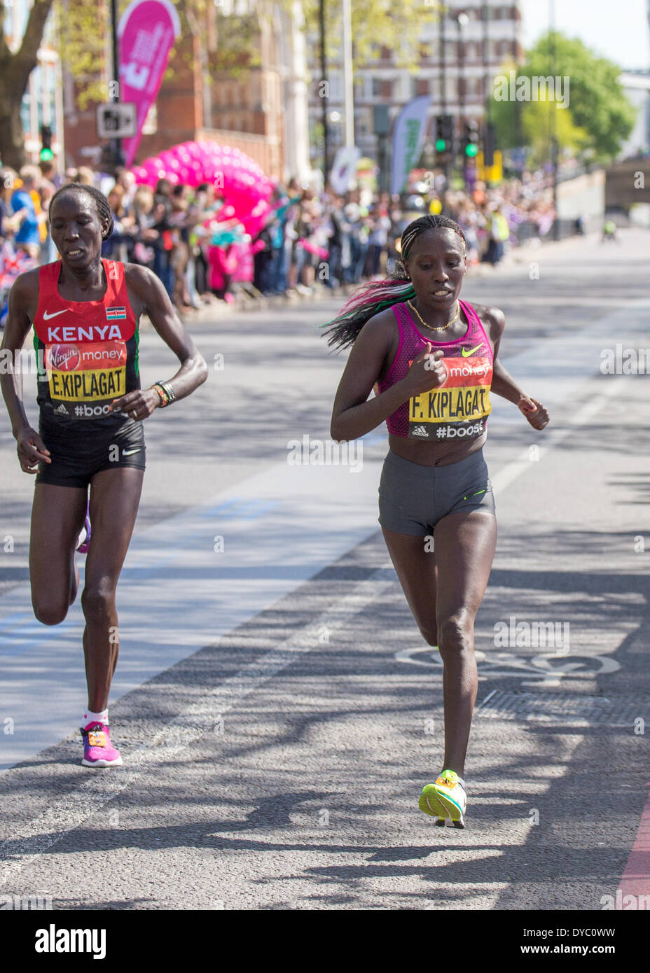 London, UK. 13. April 2014. Edna Kiplagat und kenianische Florence Kiplagat Fellow 24 Meilen in den London Marathon 2014 Kredit: Graham Eva/Alamy Live News Stockfoto