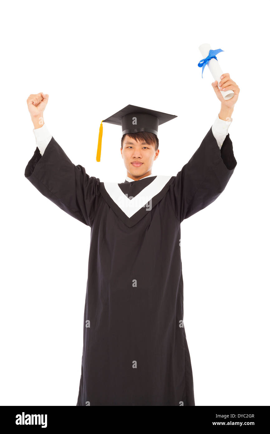 Heben Sie die Hand mit Diplom, asiatische glücklich Studium student Stockfoto