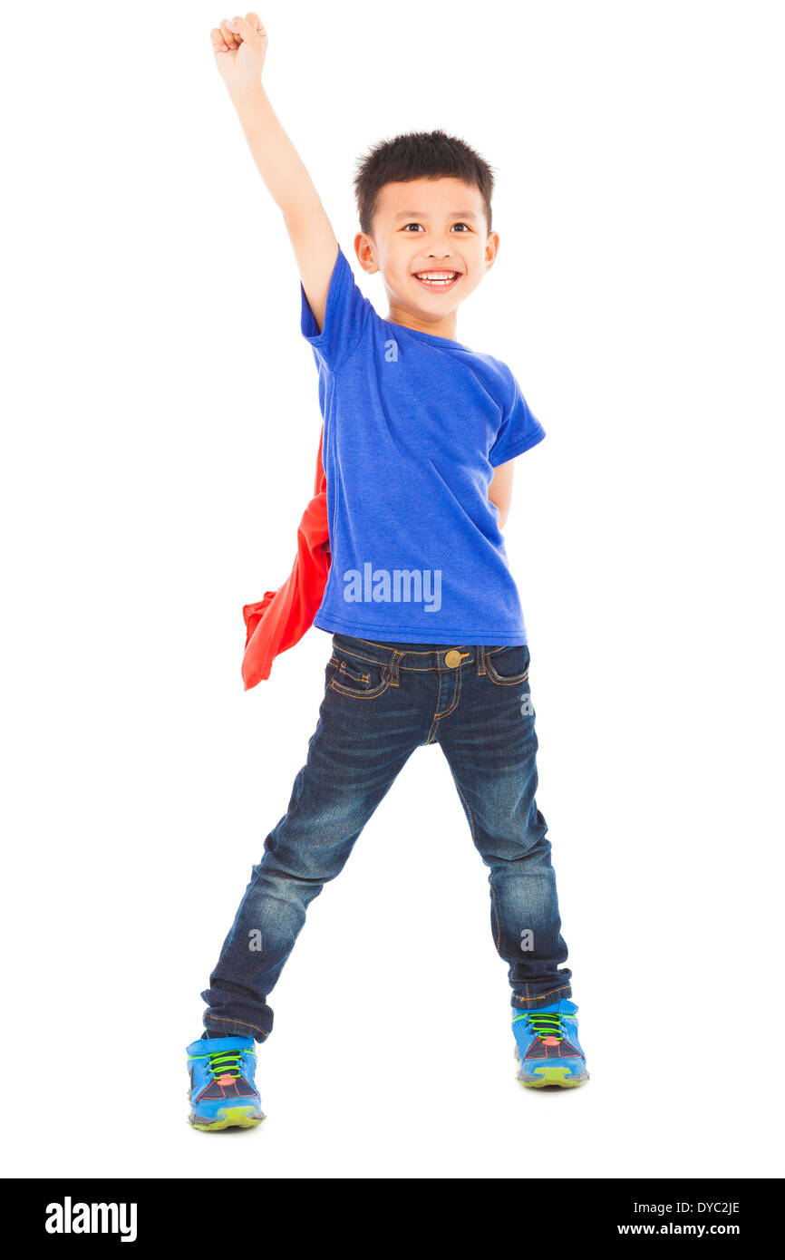 asiatische glücklich Superhelden Kind Held Hand heben Stockfoto