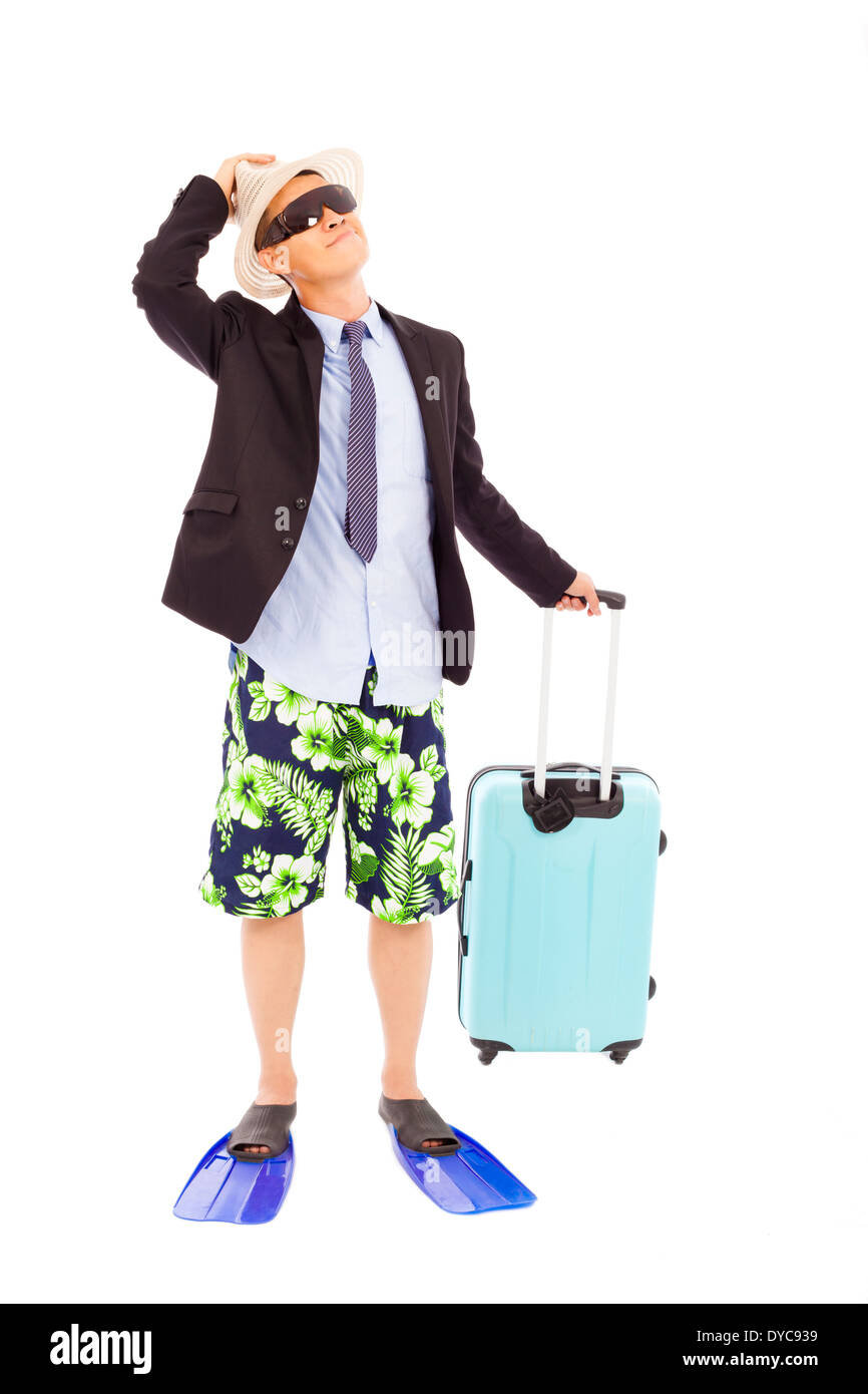 lustige Unternehmer setzen auf Tauchausrüstung und bereit zu überfahren, weißer Hintergrund Stockfoto lustige Unternehmer setzen auf Tauchausrüstung und bereit zu überfahren, weißer Hintergrund Stockfoto
