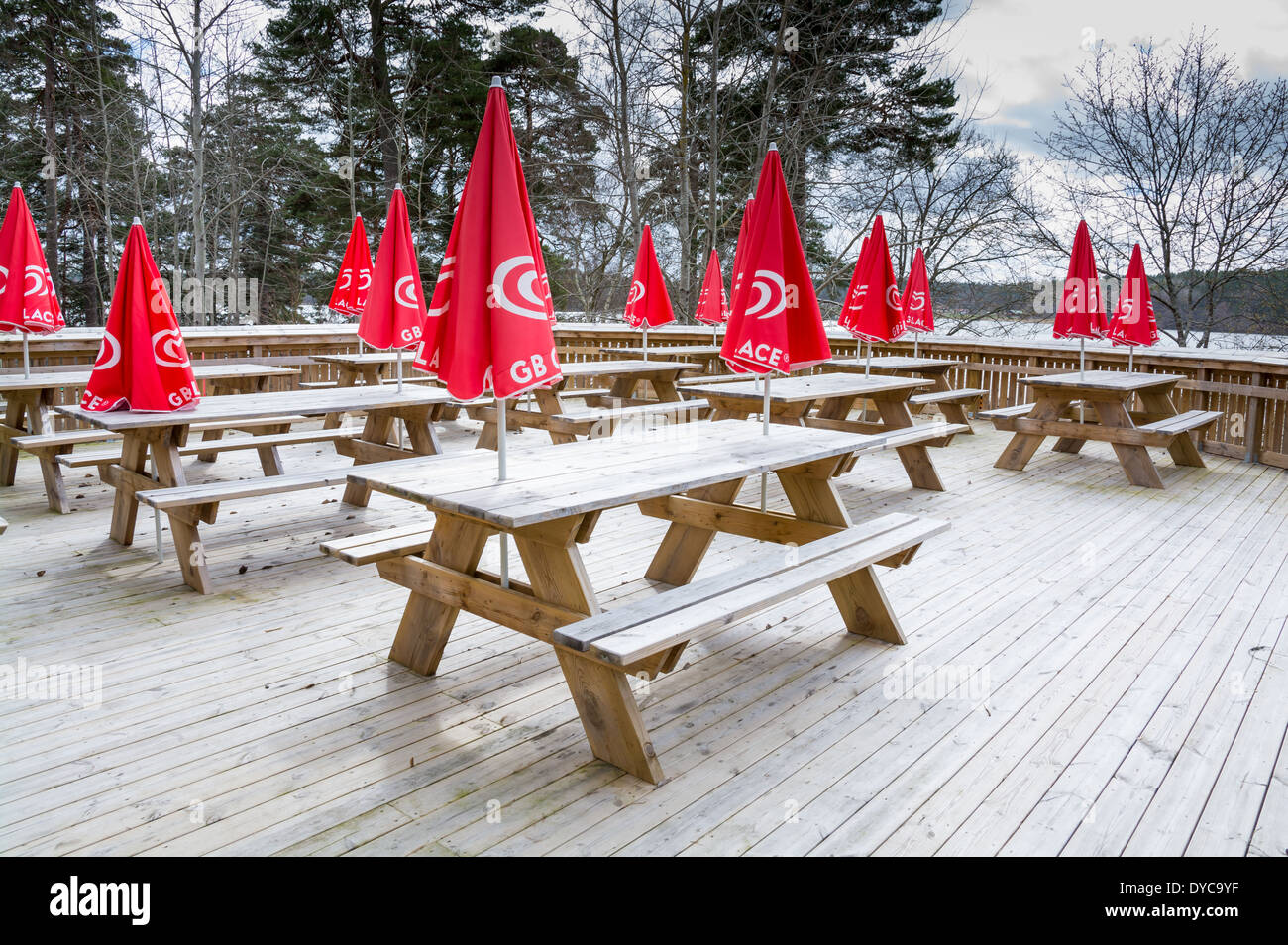 Rote Sonnenschirme mit Eis-Logos im Freien im Frühjahr, Kanaan Minigolf Café, Stockholm, Schweden. Stockfoto