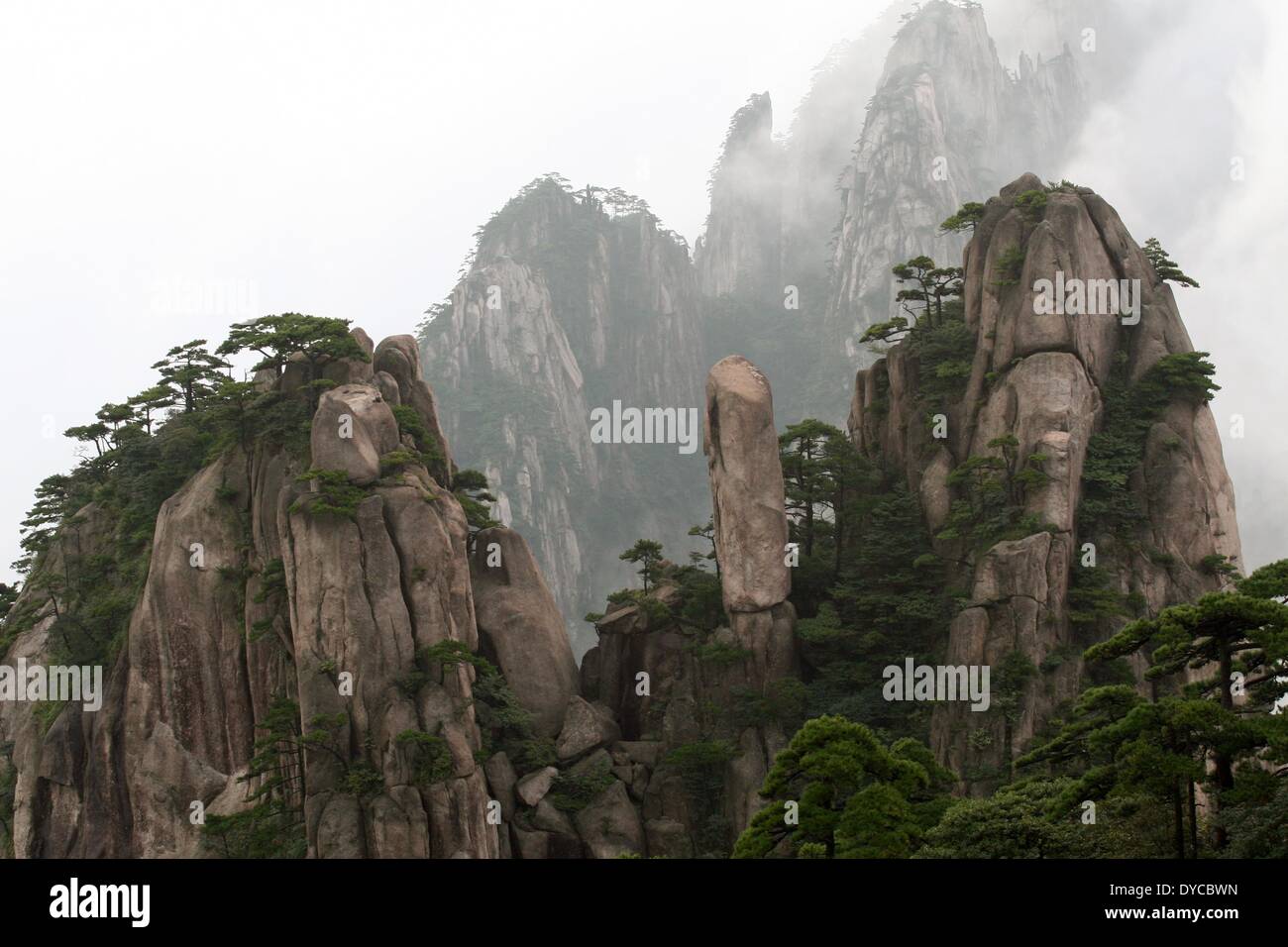 Berggipfel Klippen durch die nebligen Wolken in den Huang Shan-Bergen in China, 19. September 2009. Der Huang Shan-Gebirge gilt als einer der schönsten Bergregionen in China und dient seit Jahrhunderten als eine Motiv-Vorlage für chinesische Malerei. Der Huang Shan-Gebirge wurde ein UNESCO-Weltkulturerbe im Jahr 1990. Foto: Alexandra Schuler - kein Draht-Dienst- Stockfoto