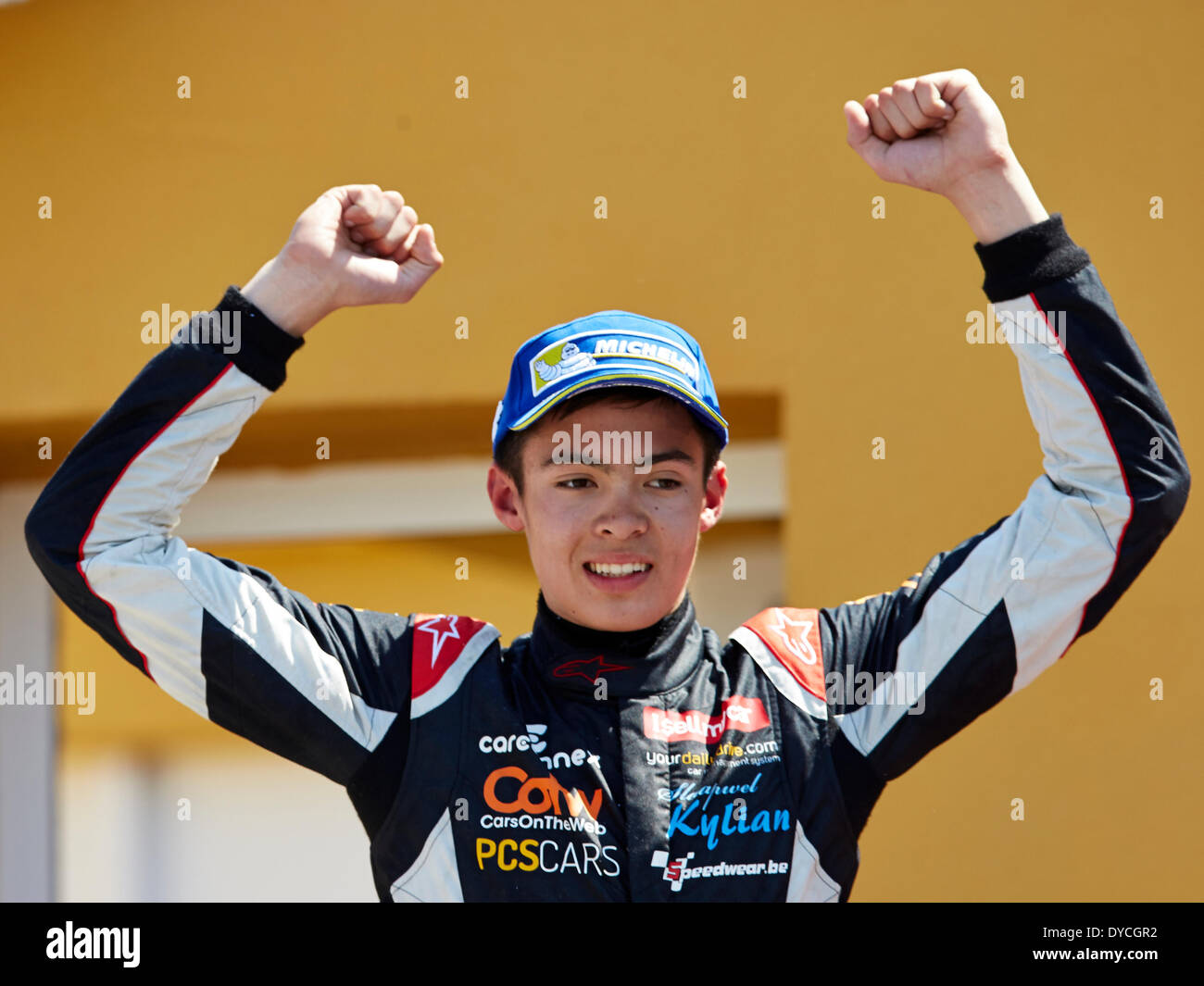 Valencia, Spanien. 13. April 2014. Neal Vanvaerenbergh feiert nach dem Gewinn der Nascar Whelen Euro Seriese Elit 2 Rennen am Circuit De La Comunitat Valenciana, Cheste, Valencia Credit: Action Plus Sport/Alamy Live News Stockfoto
