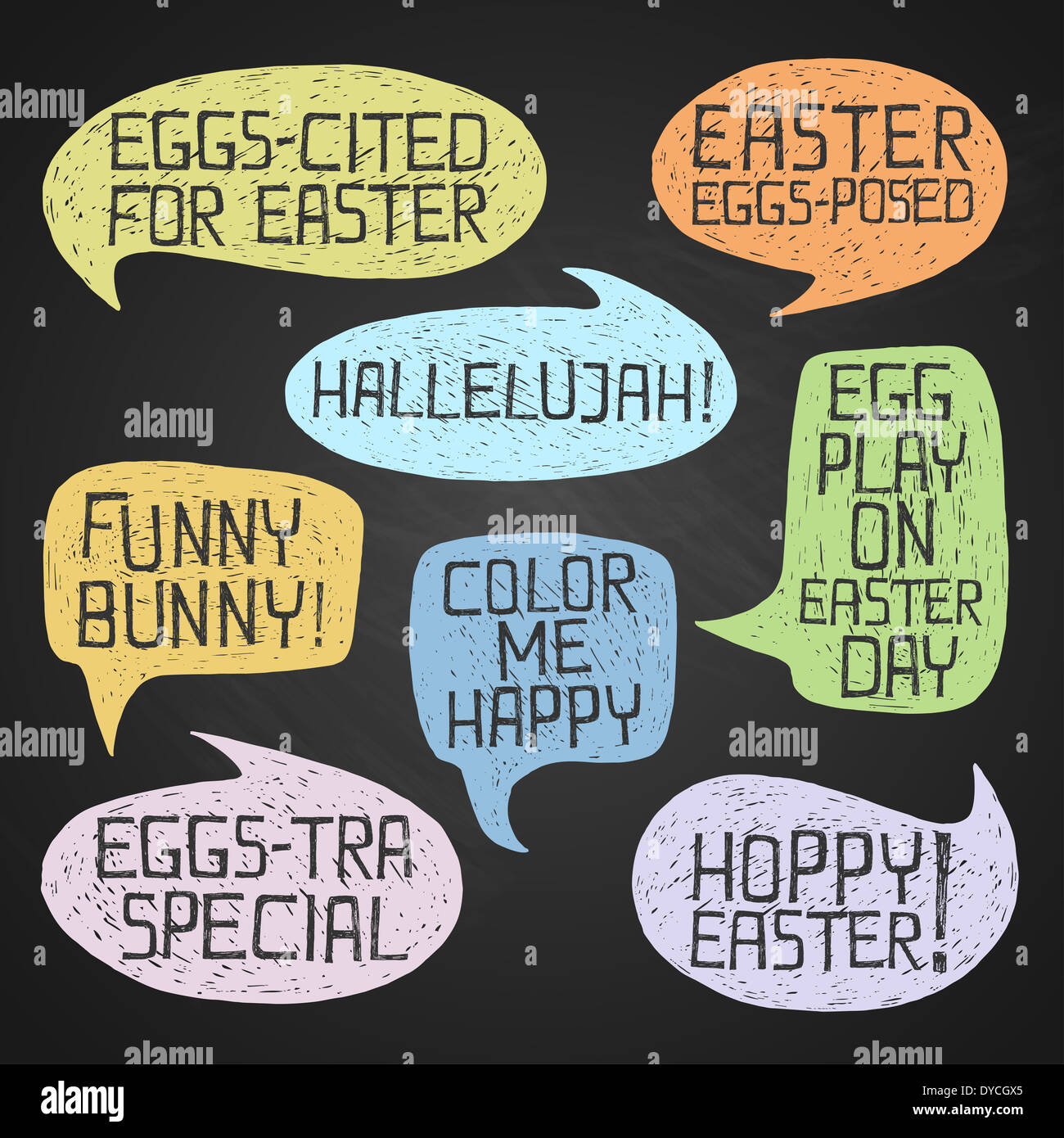 Ostern-handgemalte bunte humorvolle Phrasen auf Tafel Hintergrund Stockfoto