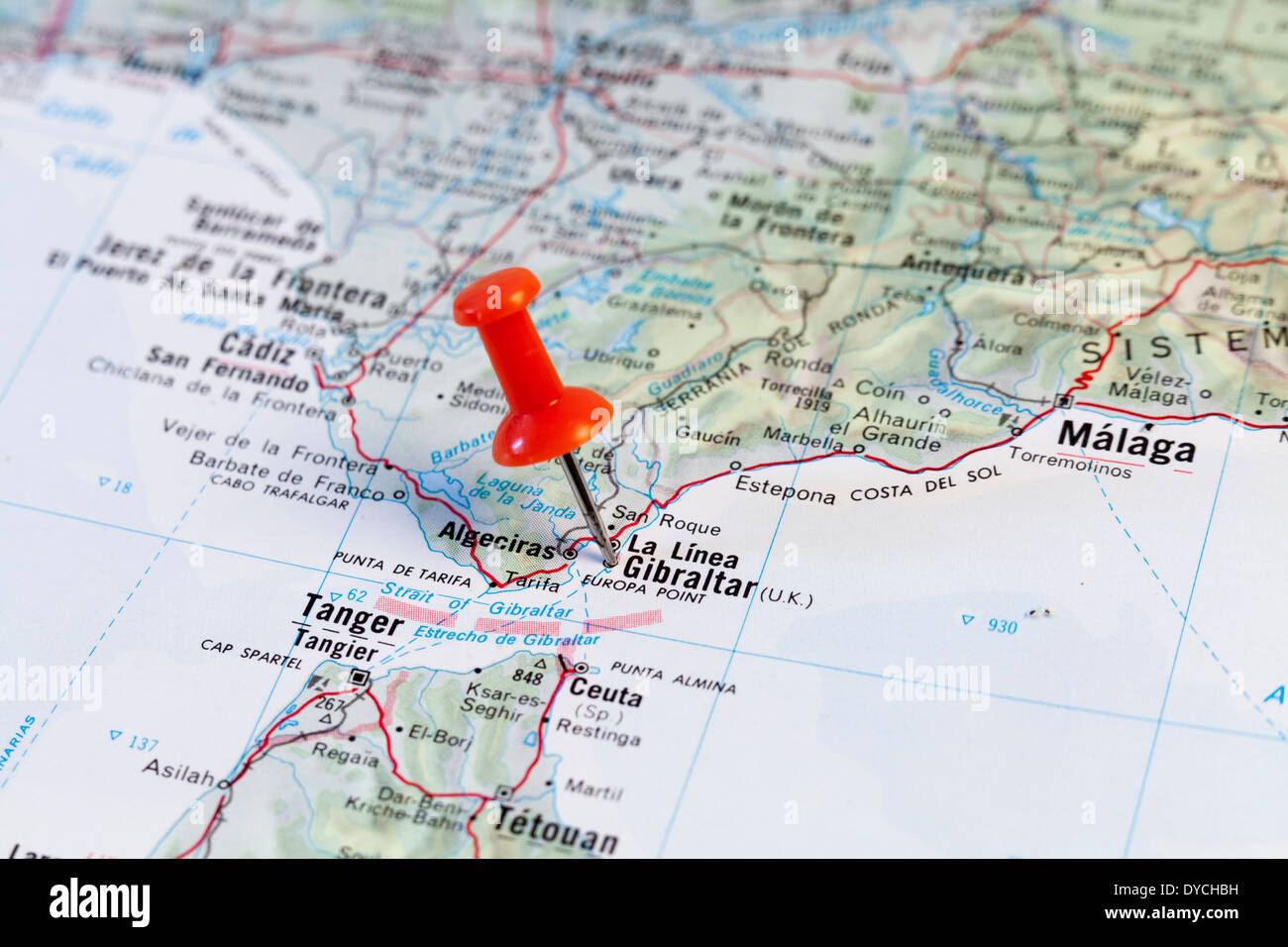 Rote Karte Pin zeigt auf Karte nach Gibraltar. Stockfoto