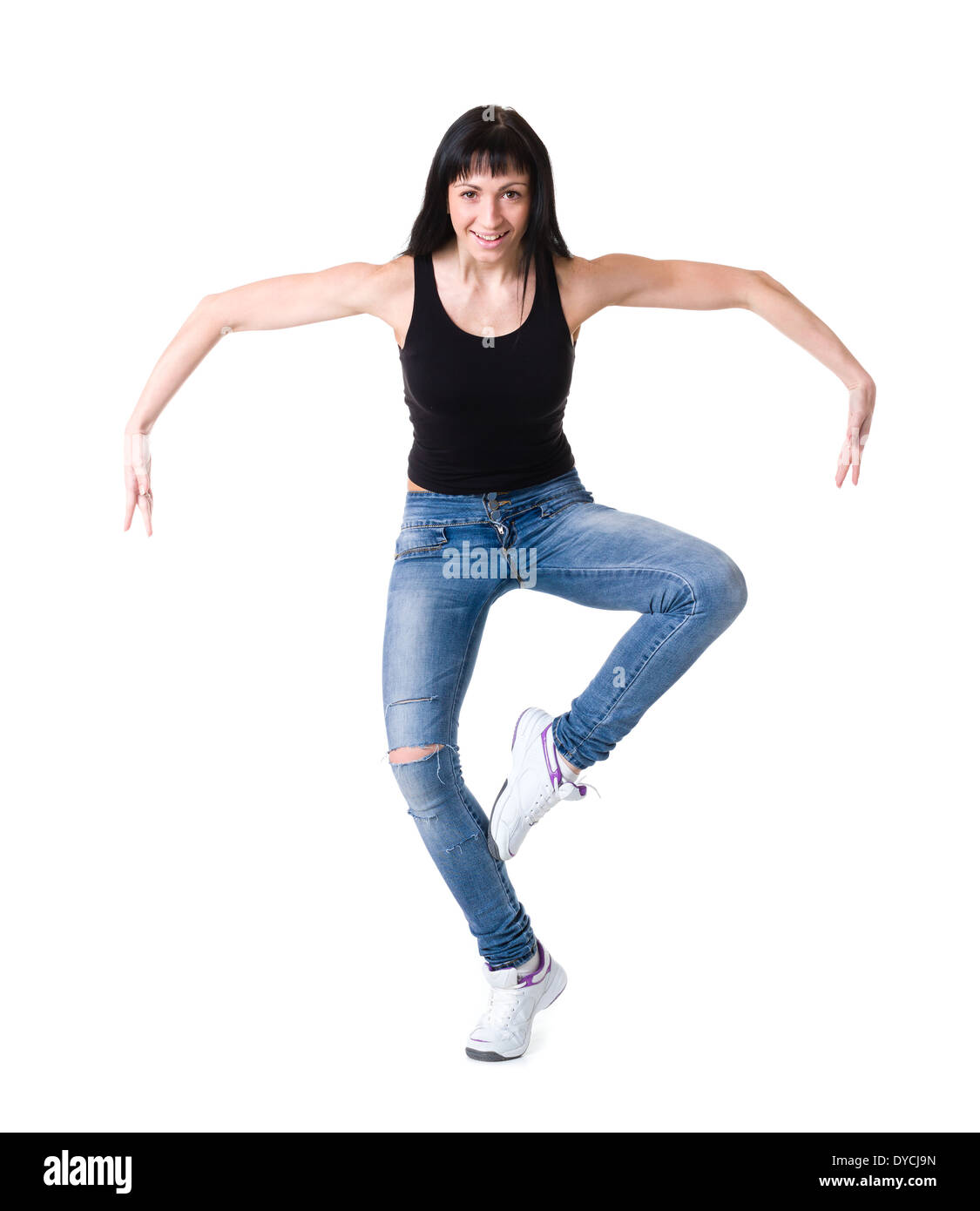 junge Tänzerin Frau tanzt vor weißem Hintergrund Stockfoto