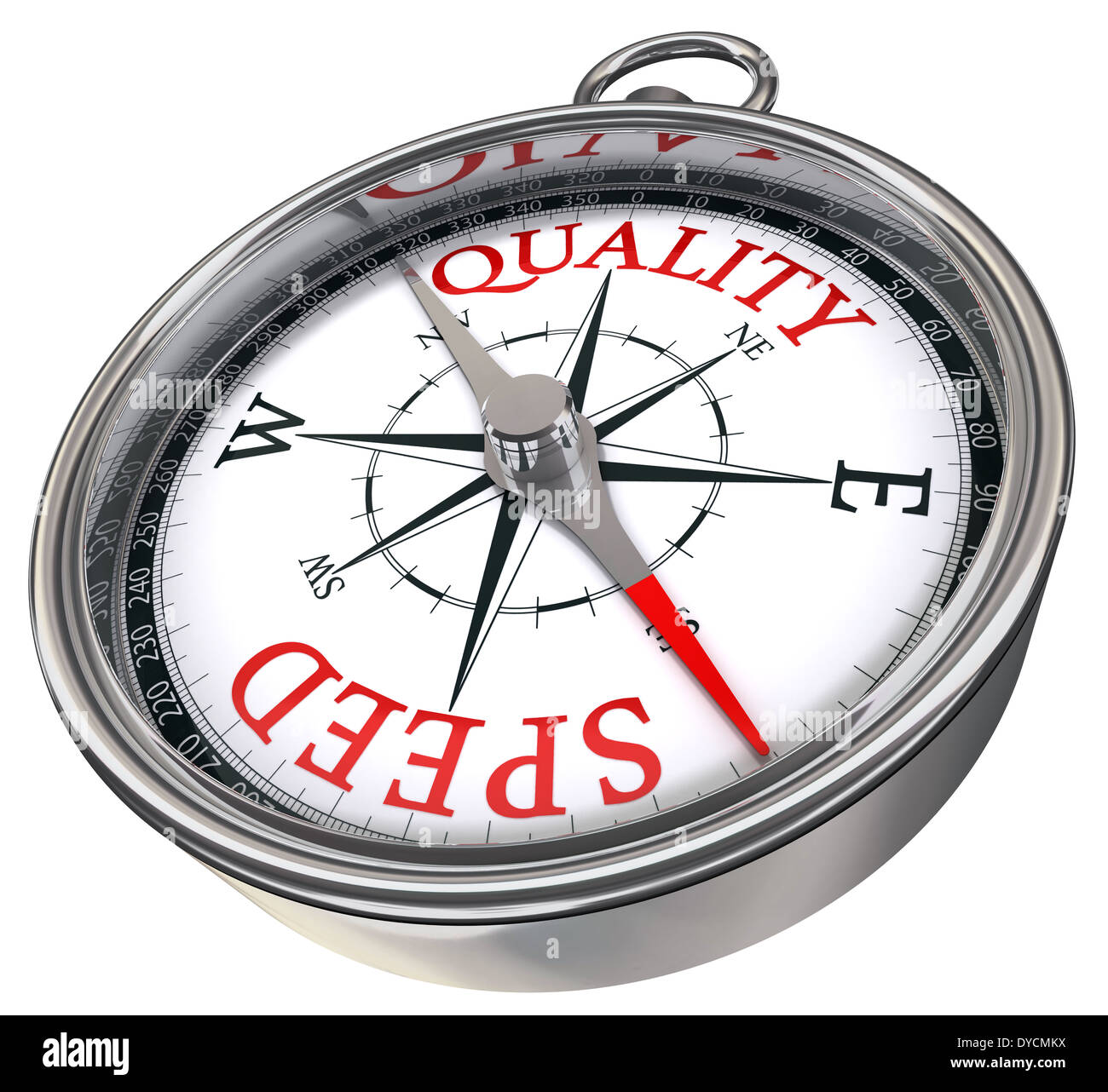 Qualität versus Geschwindigkeit gegensätzliche Wörter Konzeptbild auf Kompass mit roten Buchstaben auf weißem Hintergrund isoliert Stockfoto