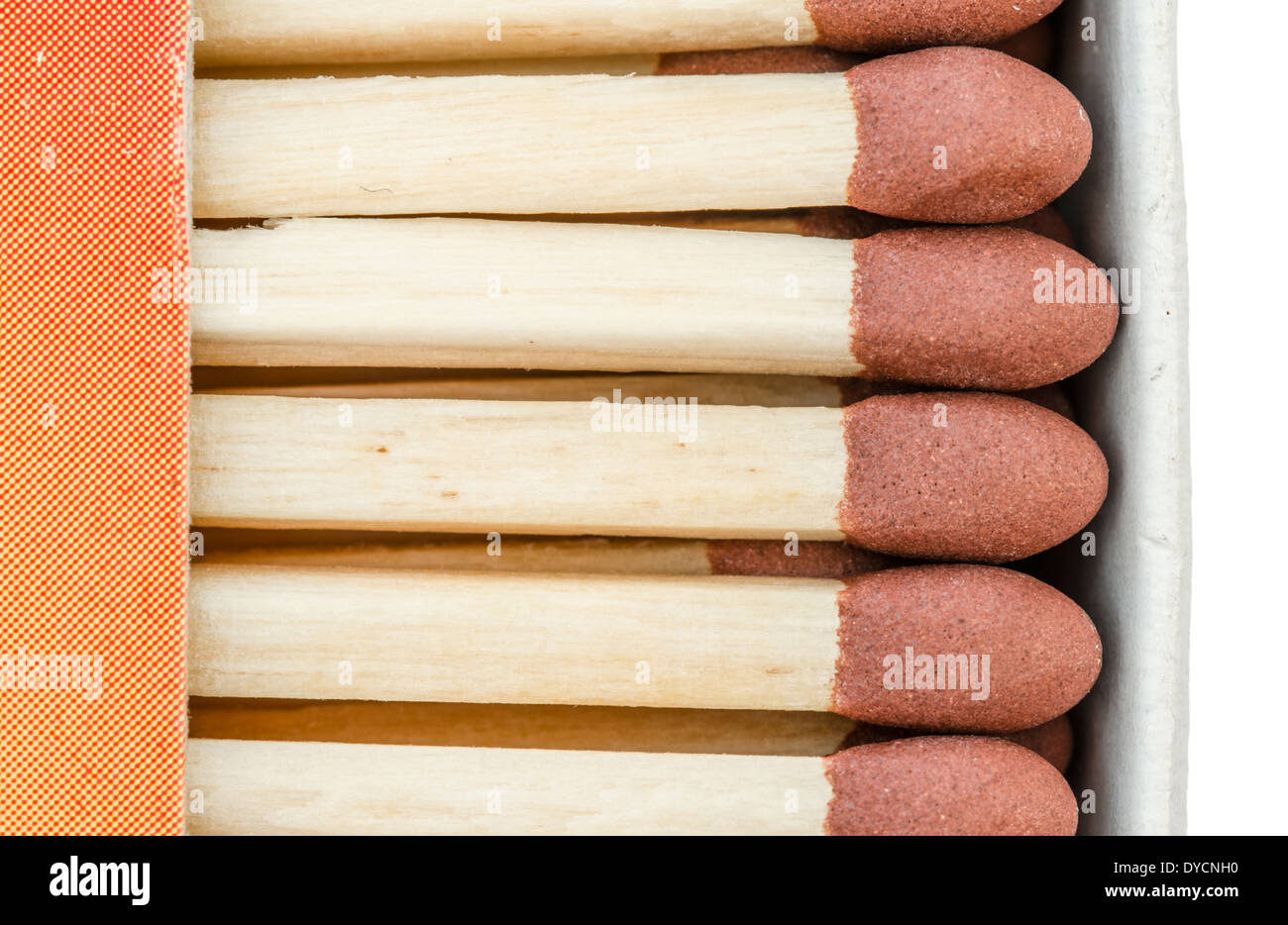 Sicherheitsstreichhölzer. Lange Sicherheitsstreichhölzer in eine offene Streichholzschachtel. Stockfoto