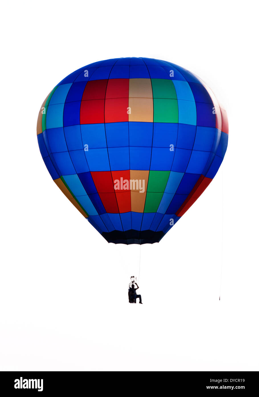 Einem einzigen Piloten Heißluftballon mit Logo und Markenzeichen entfernt auf weißem Hintergrund Stockfoto