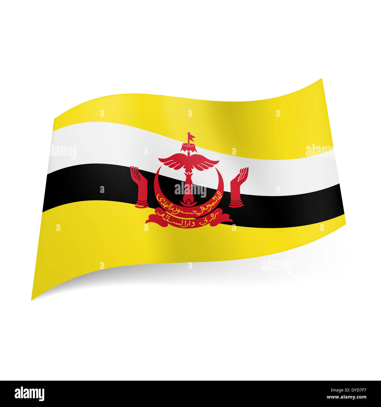 Nationalflagge von Brunei: weiße und schwarze Streifen mit rotem Emblem auf gelbem Hintergrund Stockfoto