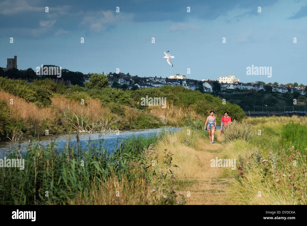 Zwei Frauen gehen in der Natur zwei Tree Island reservieren. Stockfoto