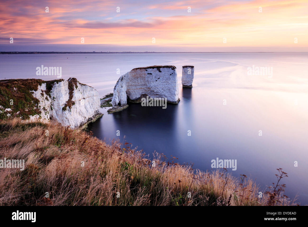 Sonnenaufgang über Old Harry Rocks in Dorset. Stockfoto