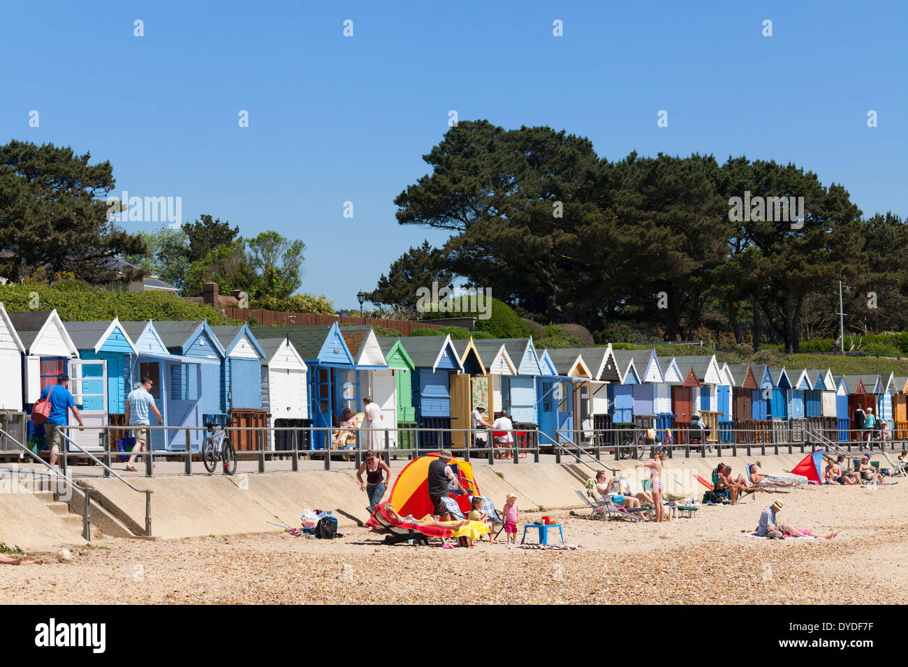 Reihe von bunten Strandhäuschen und Urlauber am Strand von Mudeford. Stockfoto