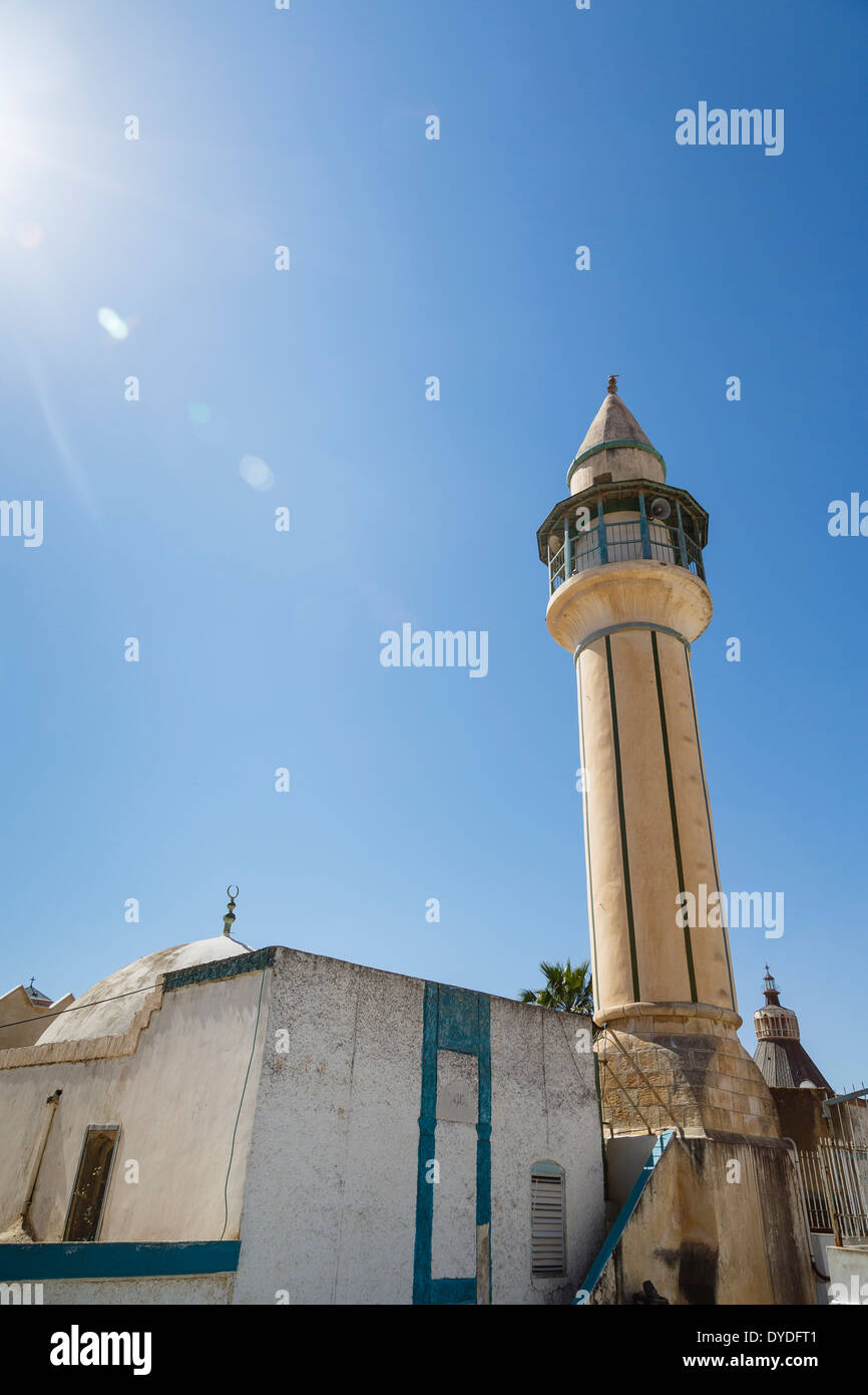 Das Minarett der weißen Moschee, Nazareth, unteren Galiläa, Israel. Stockfoto