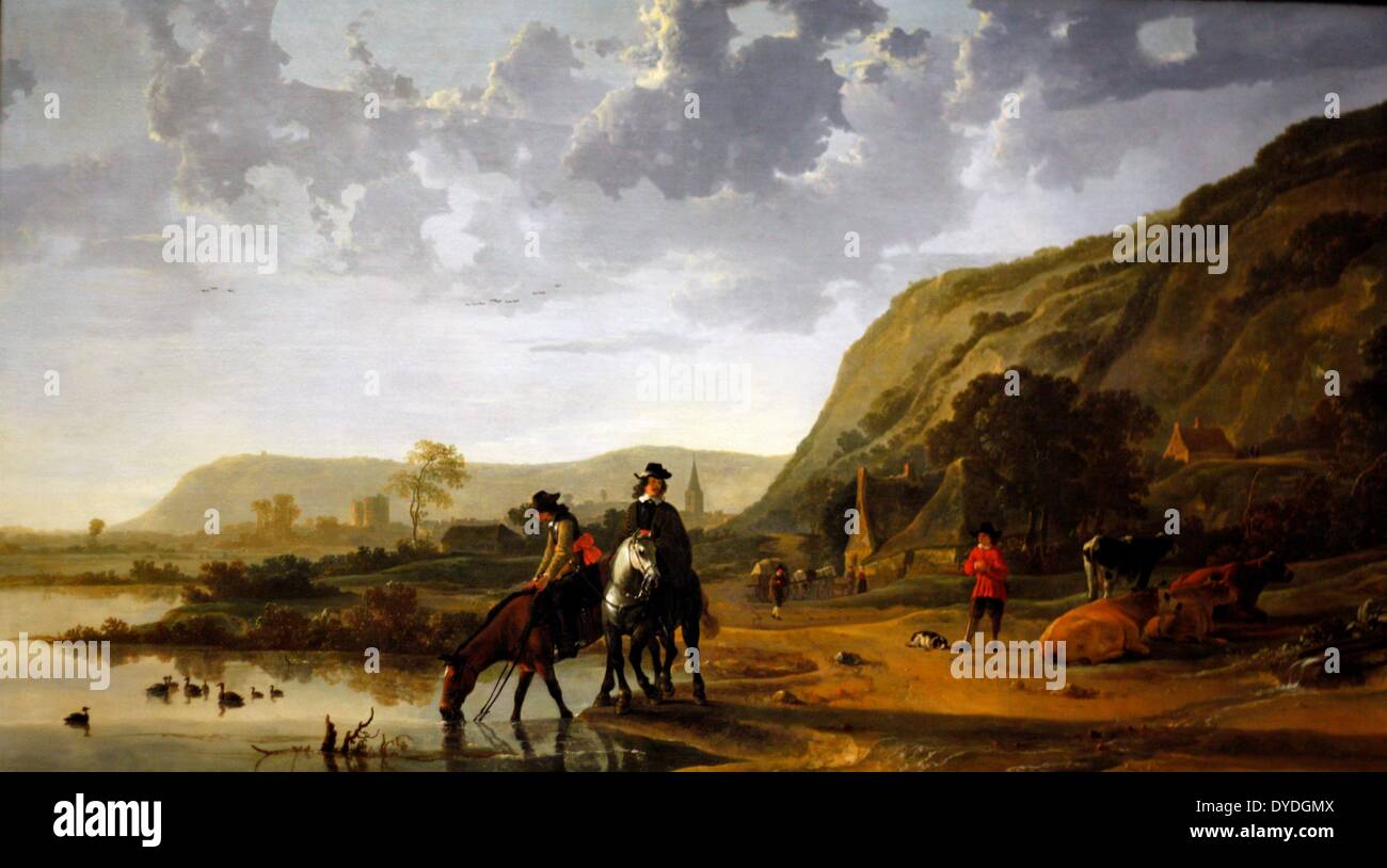 Flusslandschaft mit Fahrern von aelbert Jacobsz Cuyp (1620-1691) Öl auf Leinwand. Dies ist ein Panoramablick, sonnenüberfluteten Flusslandschaft, etwas verschwommen in der Ferne, mit sketchily gezeichnet Wolken. Er war einer der führenden Niederländischen Landschaftsmaler des Niederländischen Goldenen Zeitalter im 17. Jahrhundert. Stockfoto