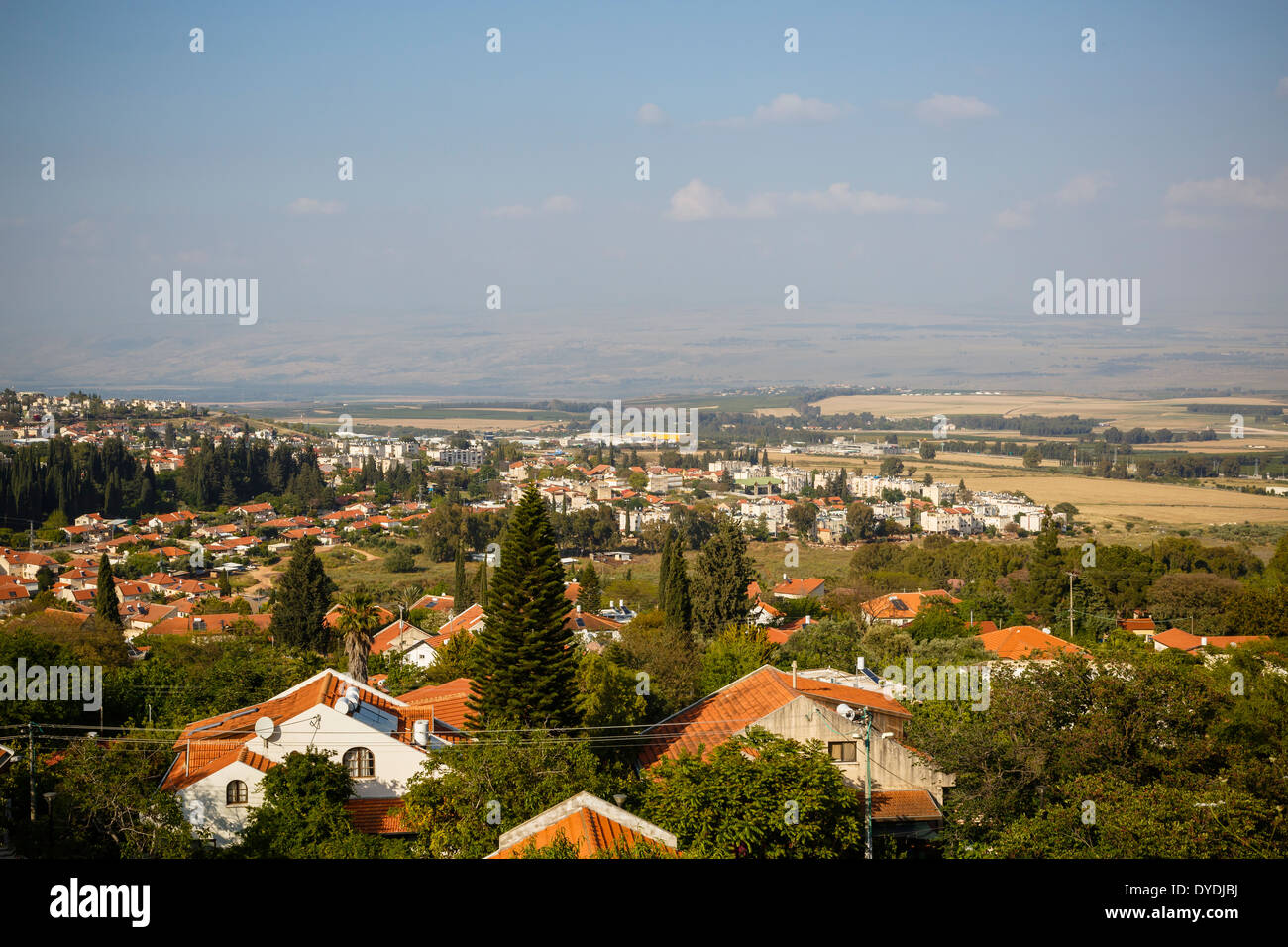 Blick über das Hula-Tal von Rosh Pina, Upper Galilee, Israel gesehen. Stockfoto