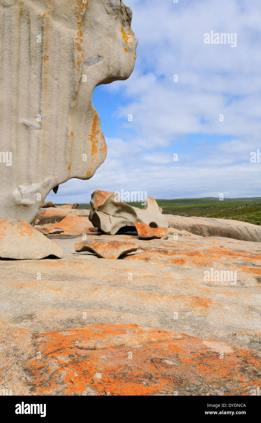 Remarkable Rocks auf Kangaroo Island, South Australia, sind beeindruckende Skulpturen aus schwarzem Glimmer, bläulichen Quarz und rosa Feldspat Stockfoto