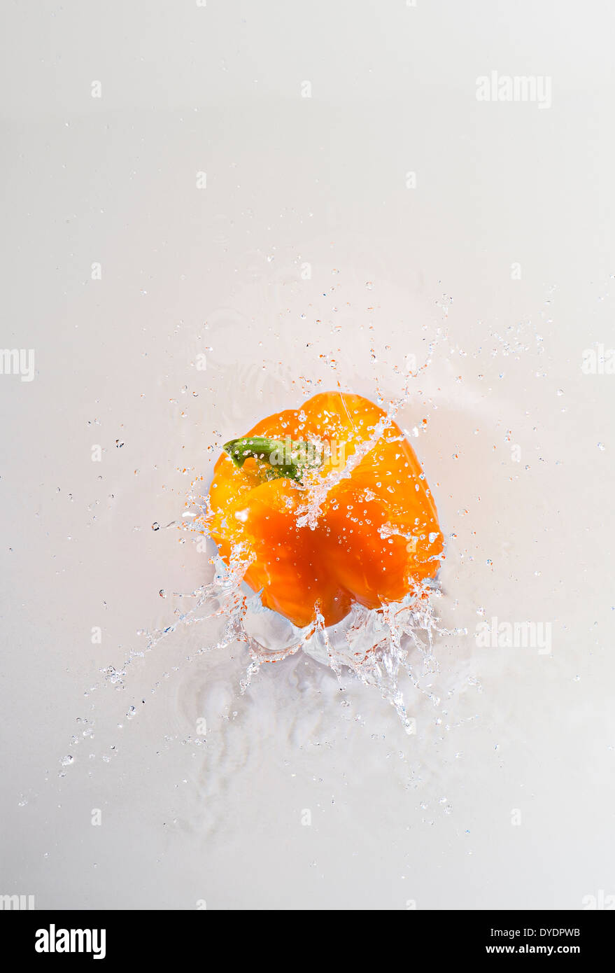 Orange Paprika, planschen im Wasser, weißen Hintergrund Stockfoto