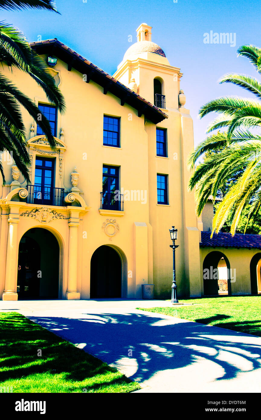 Die stilisierte Abbildung des Union Altbau mit Schatten der Palme auf Campus der Stanford Universität Stockfoto