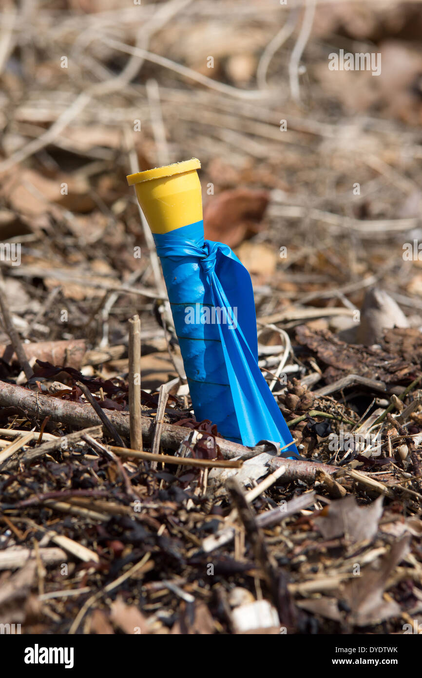Nahaufnahme eines Boundary Markers schlug in den Boden mit einer leuchtend gelben Kappe und blaue Plastikverpackung. Stockfoto