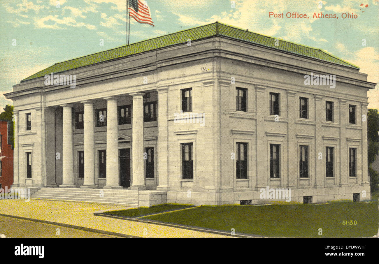 Ein Bild oder Kunstwerk, das das Postamt in Athen, Ohio, darstellt und den architektonischen Stil und die historische Bedeutung dieses Postgebäudes als Teil der Entwicklung der Region im 20. Jahrhundert widerspiegelt. Stockfoto