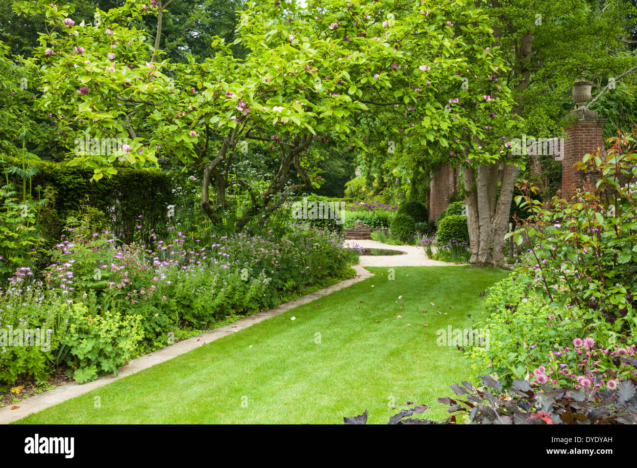 Bunte Frühsommer Grenzen, entworfen von Arne Maynard, Linie einen Rasen Weg innerhalb der Gärten des Cottesbrooke Hall in Northamptonshire, England Stockfoto