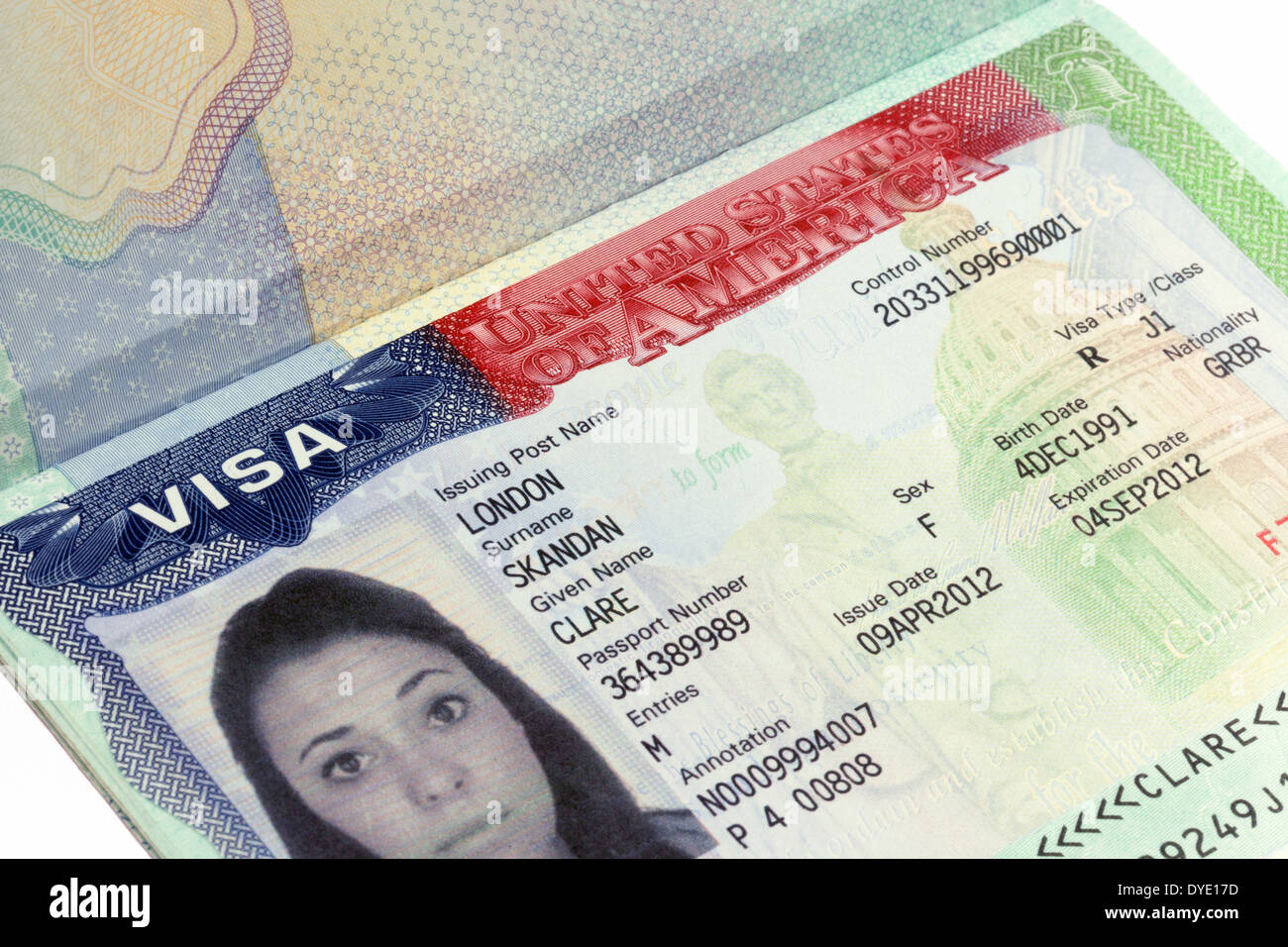 Ein Arbeitsvisum USA in einem Reisepass Stockfoto