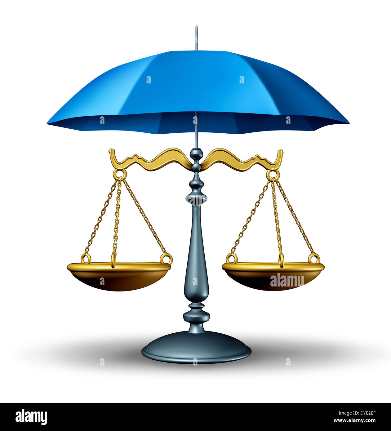 Rechtssicherheit-Konzept mit Maßstab Gerechtigkeit des Gesetzes durch eine blaue Regenschirm als Sicherheitssymbol für das Justizsystem in Regierung und Gesellschaft für den Schutz der Rechte und Vorschriften geschützt. Stockfoto