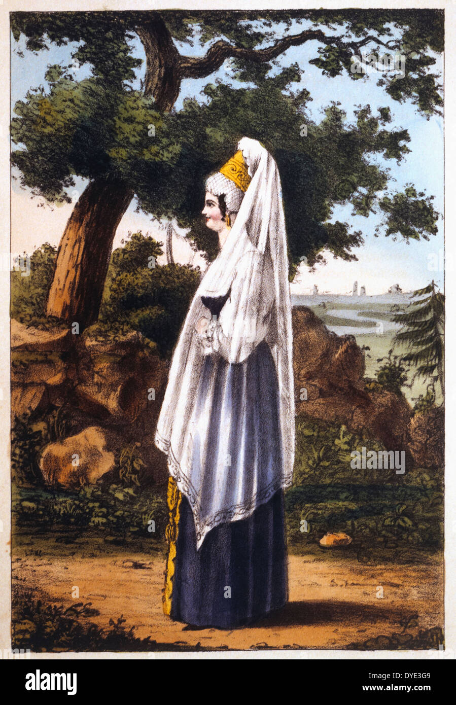 Frau des Händlers oder Kuptschiha von Pinkertons Russland, handkolorierten Kupferstich, 1833 Stockfoto