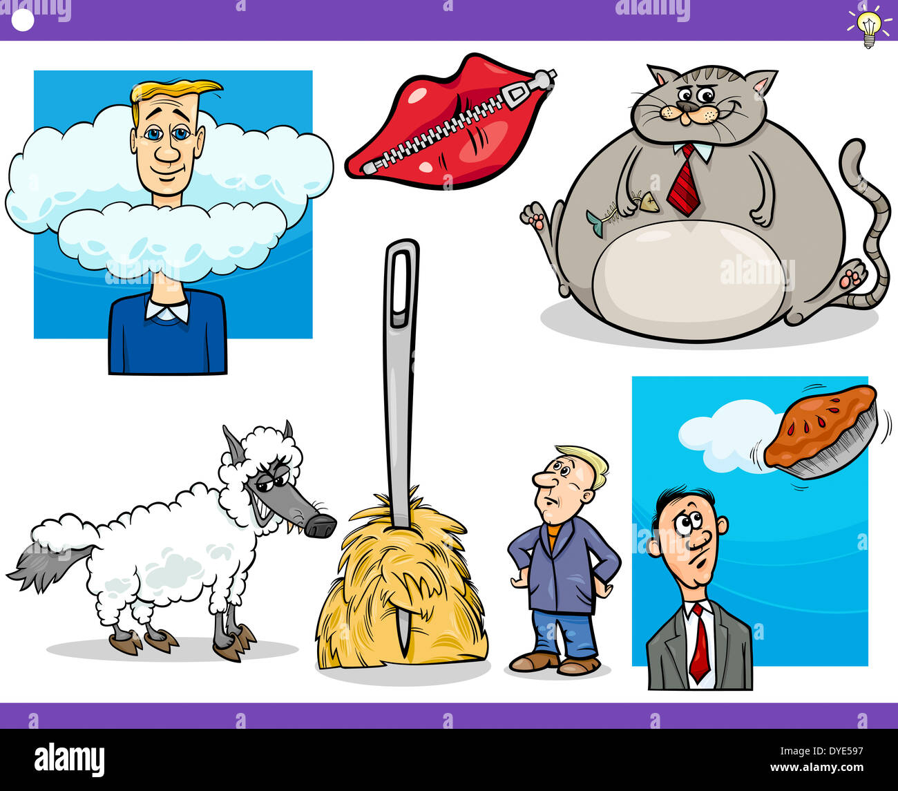 Abbildung Set humorvolle Karikatur Konzepte oder Redewendungen und Metaphern mit lustigen Figuren Stockfoto